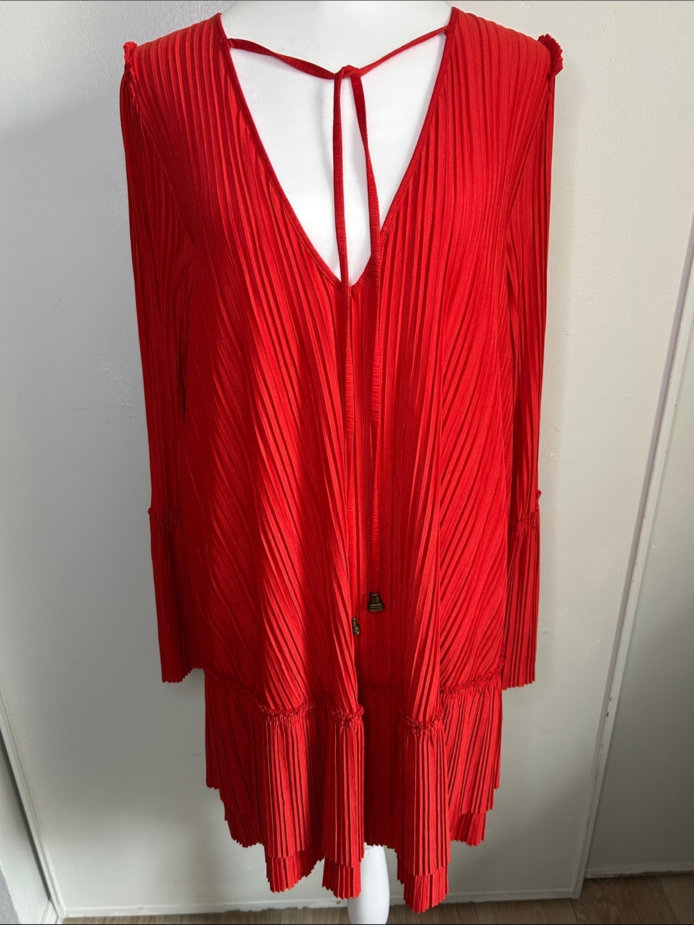 Free People Red Can't Help It Mini Dress Pleated Accordion Long Bell Sleeves
